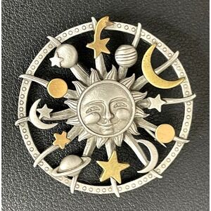 Vintage JJ Celestial Brooch Signed Jonette Jewelry Pin Gold Tone Sun Moon Stars